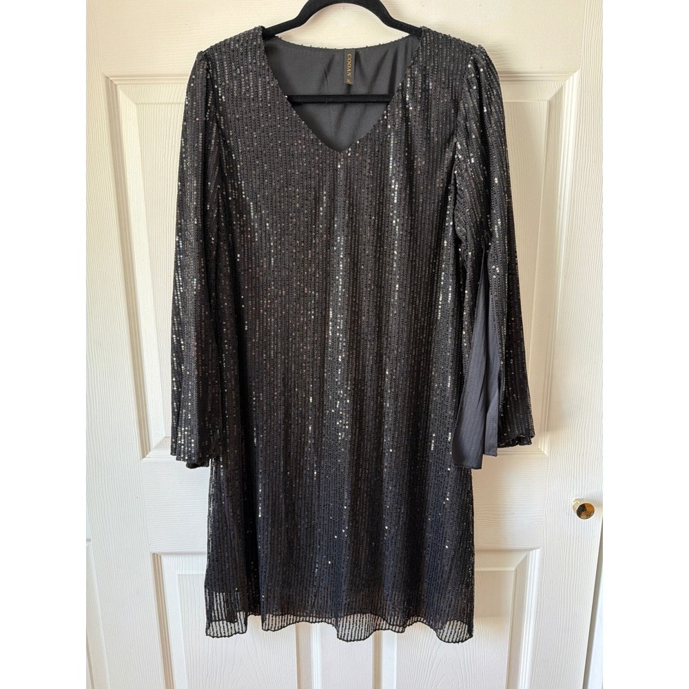 Sequin Dress XL Black Slit Long Bell Sleeve V-Neck Shift Mini Glam Goth Party